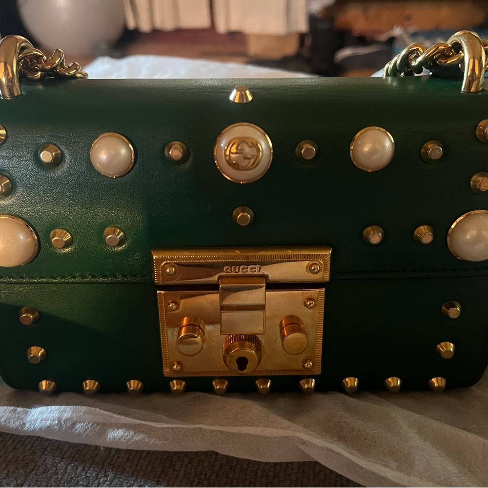 Gucci Emerald Green Leather Mini Bag with Gold Studs and Pearls